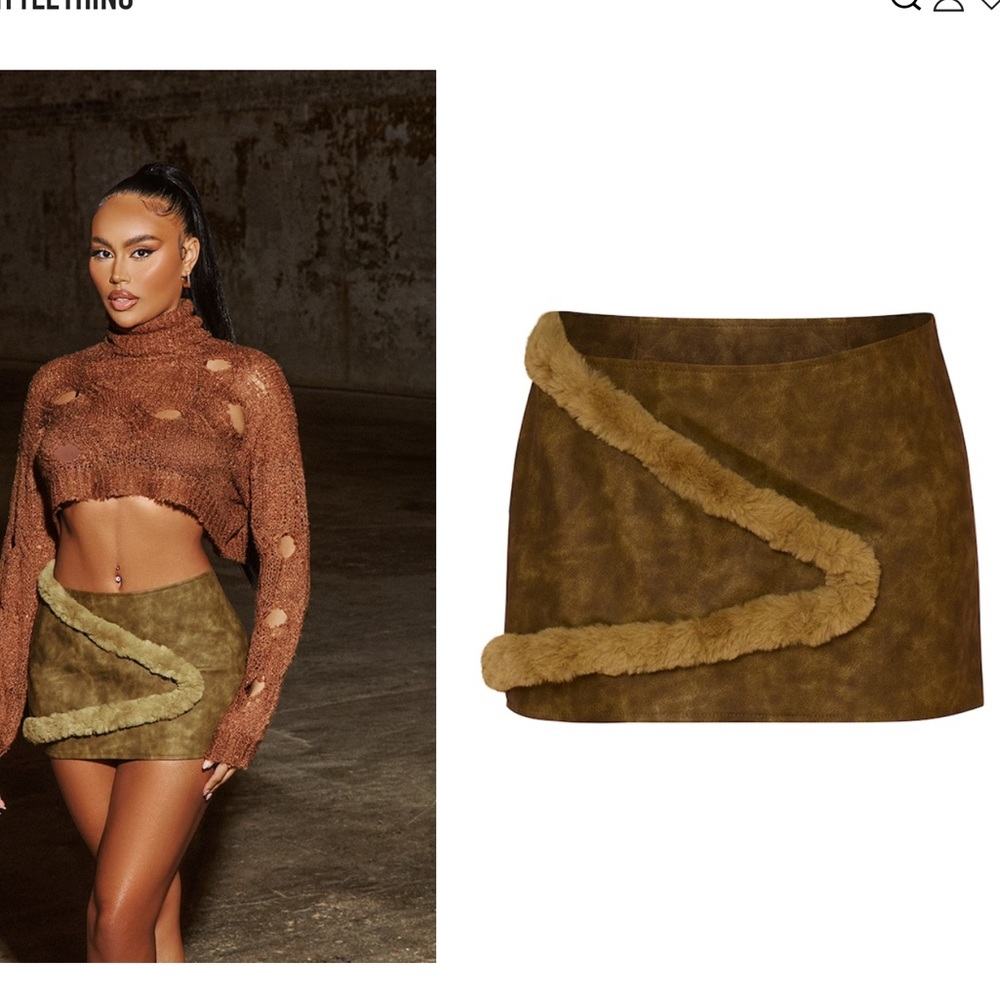 Olive Washed Faux Leather Wrap Faux Fur Trim Micro Mini Skirt
